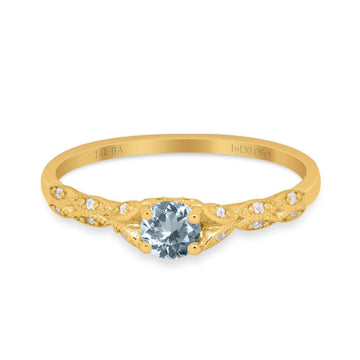 14K Yellow Gold 0.33ct Round Petite Dainty Art Deco 4mm G SI Natural Aquamarine Diamond Engagement Wedding Ring Size 6.5